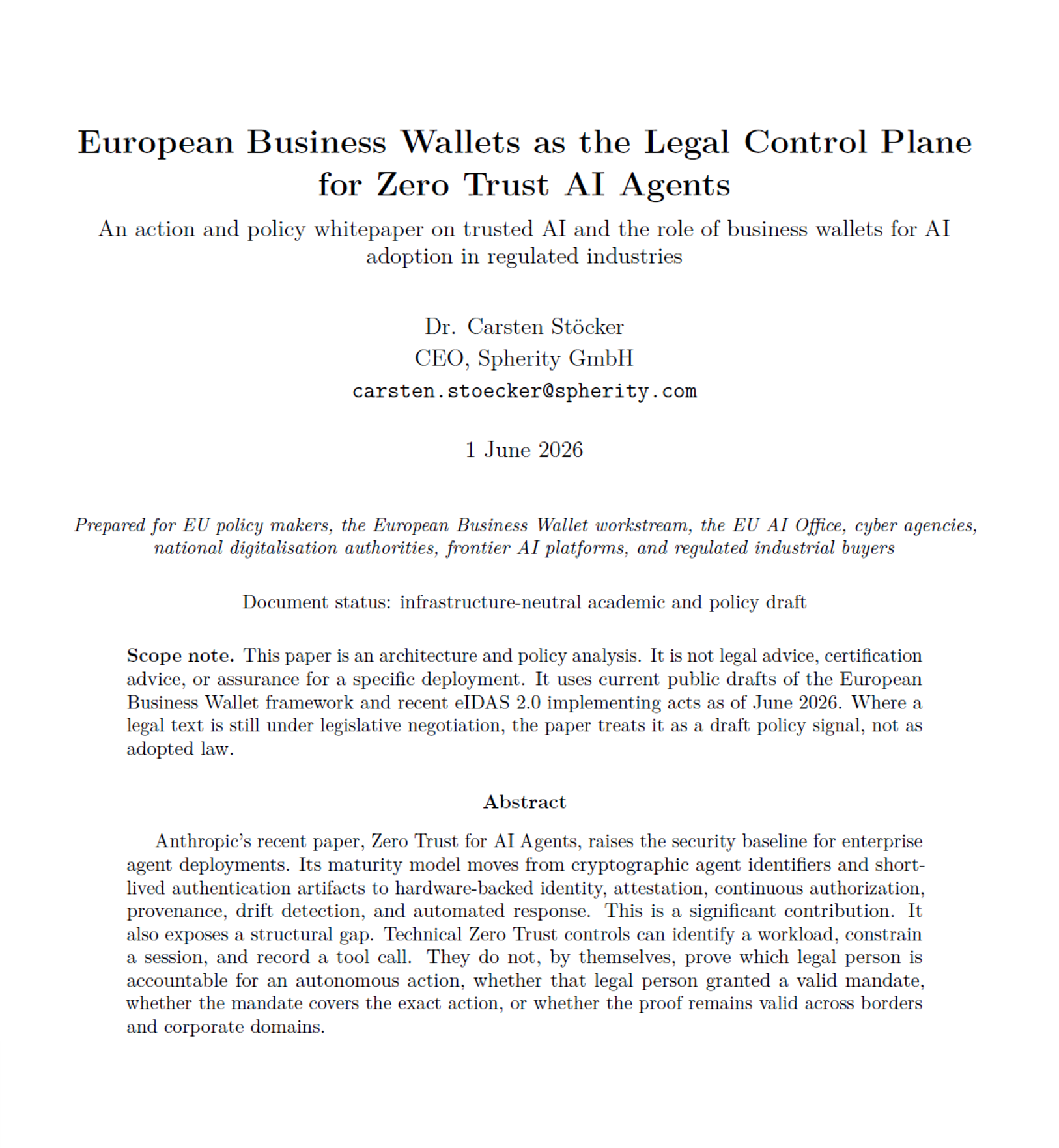 First page of European Business Wallets as the Legal Control Plane for Zero Trust AI Agents.