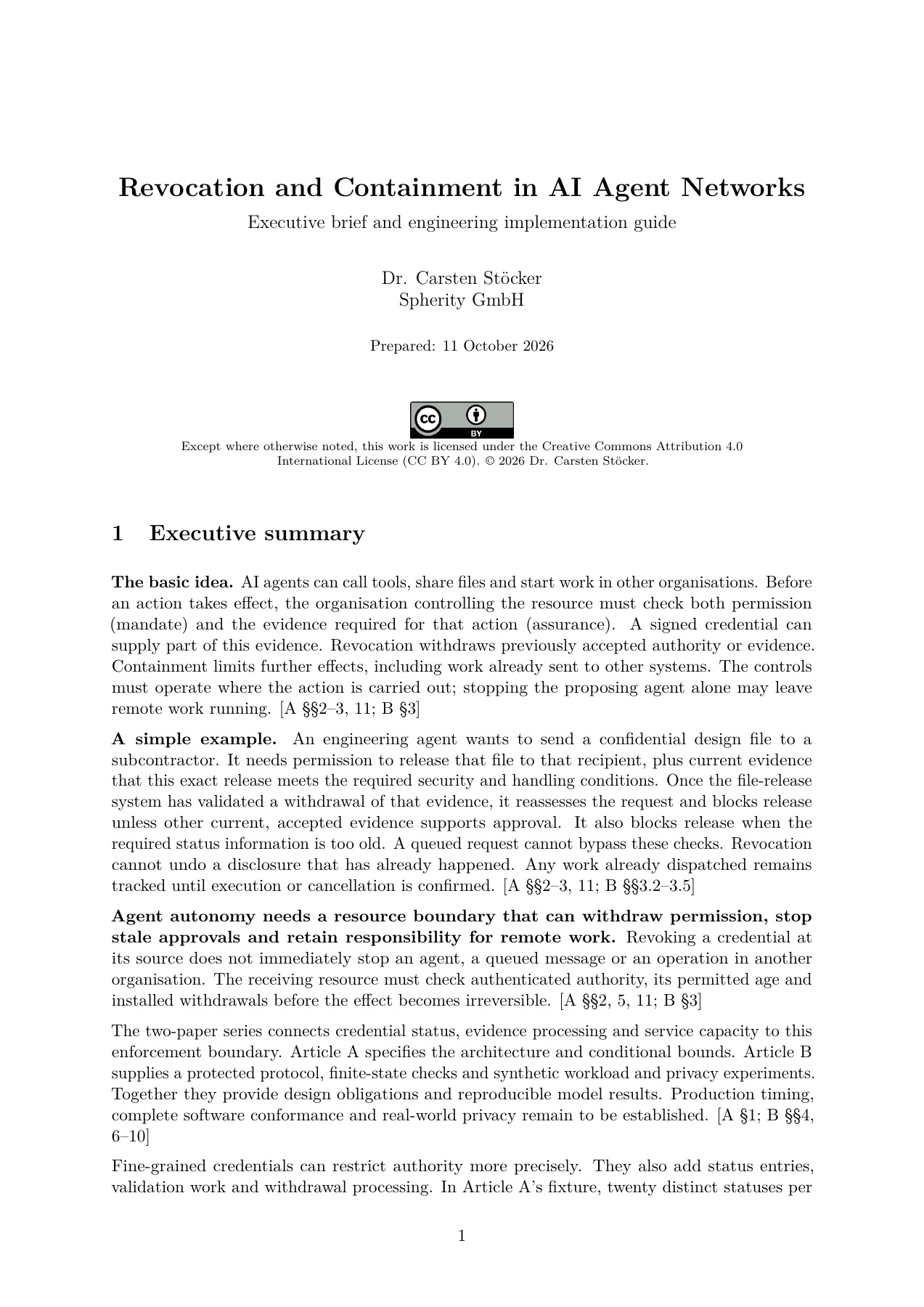 Executive brief title page: Revocation and Containment in AI Agent Networks, Dr. Carsten Stöcker, Spherity GmbH.