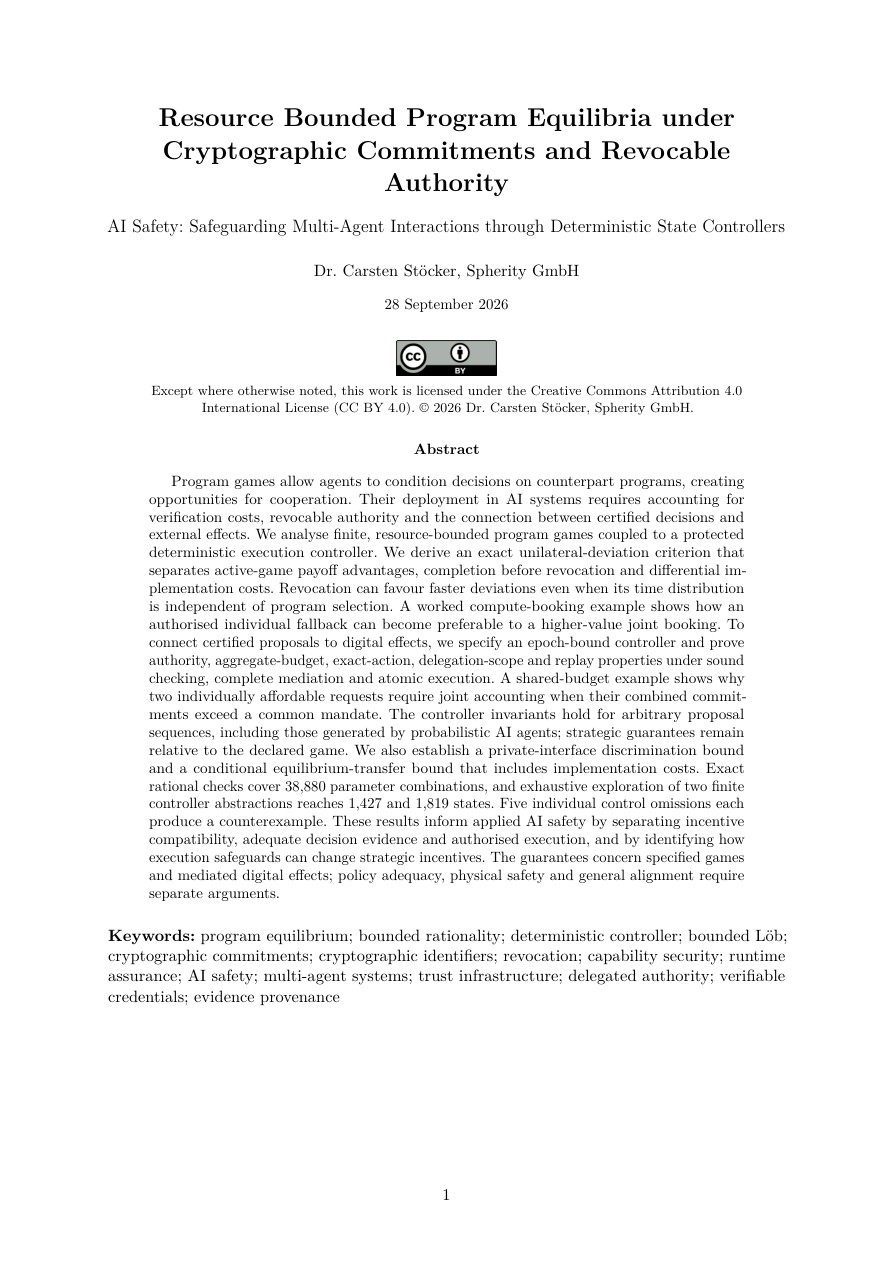 First page of Resource Bounded Program Equilibria under Cryptographic Commitments and Revocable Authority.