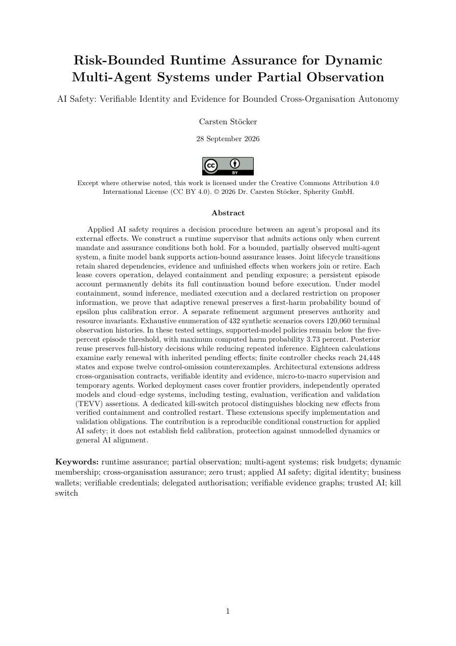 First page of Risk-Bounded Runtime Assurance for Dynamic Multi-Agent Systems under Partial Observation.