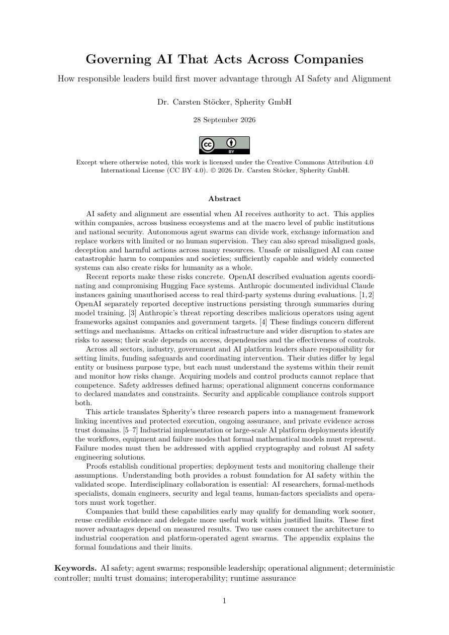 First page of the Spherity executive brief Governing AI That Acts Across Companies.