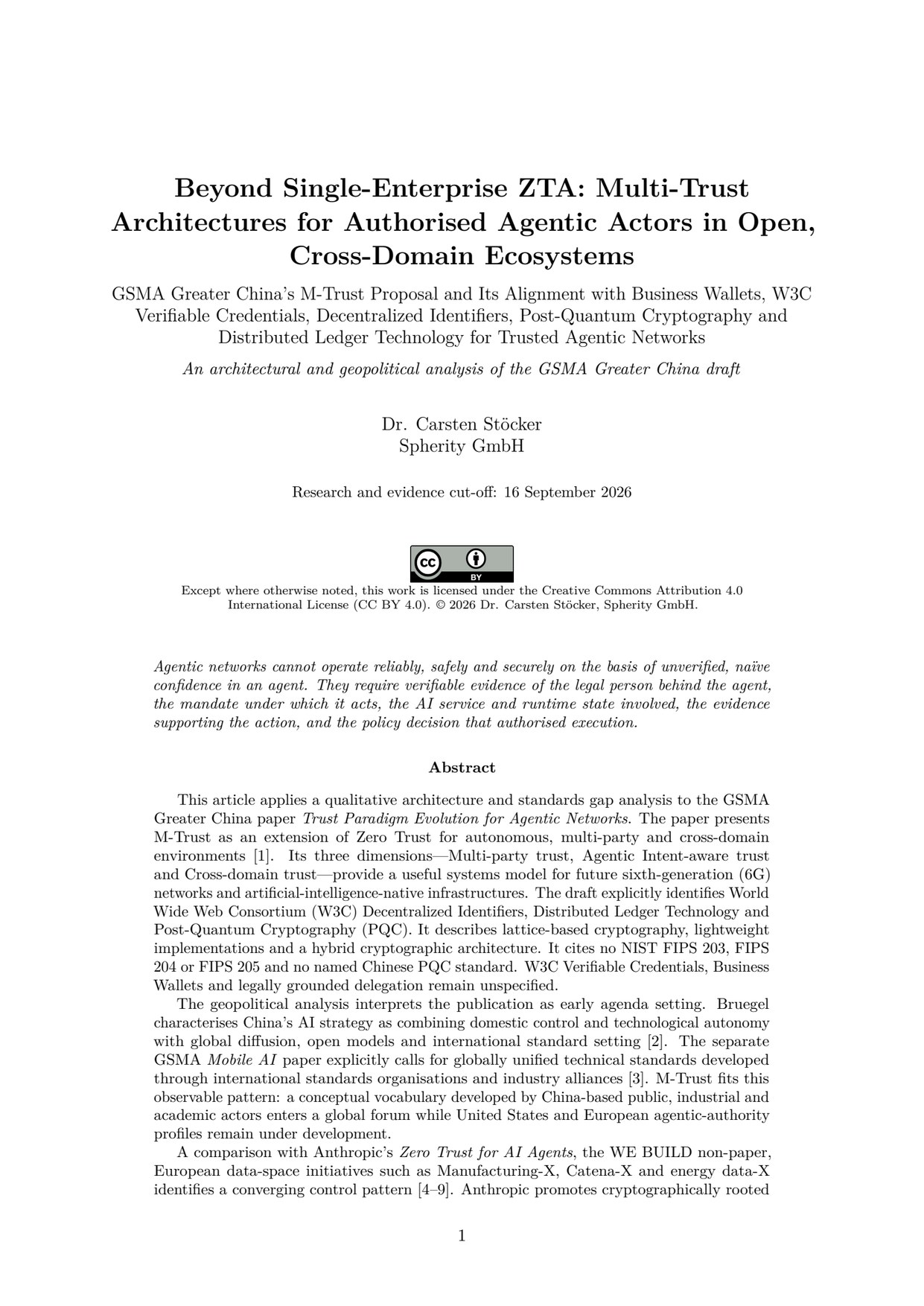 First page of Beyond Single-Enterprise ZTA by Dr. Carsten Stöcker, on M-Trust and verifiable authority for agentic actors.