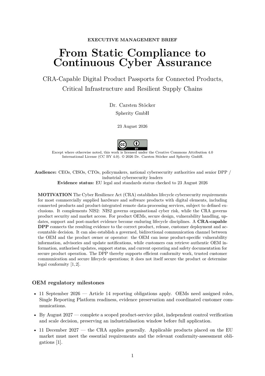 First page of From Static Compliance to Continuous Cyber Assurance, the management brief on CRA-capable Digital Product Passports.