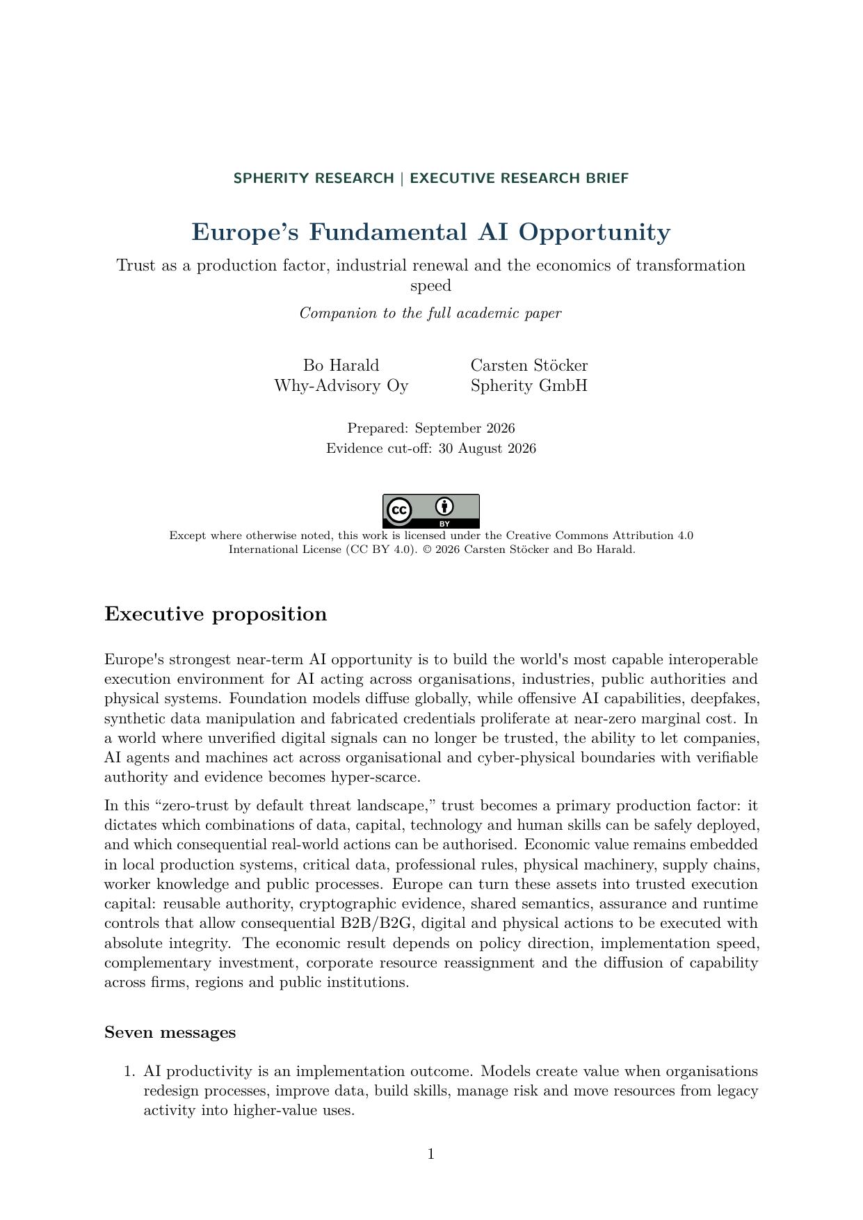 First page of the executive research brief Europe’s Fundamental AI Opportunity by Bo Harald and Carsten Stöcker.