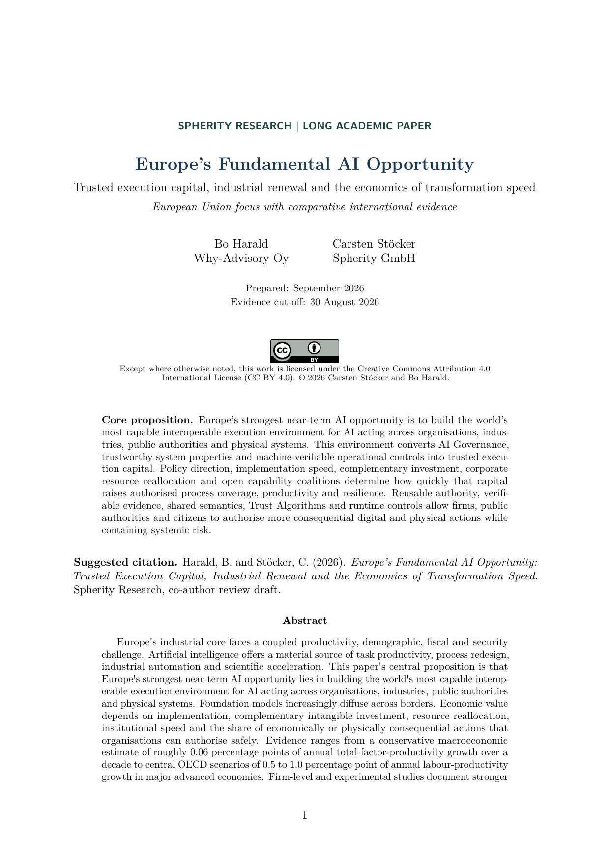First page of the long academic paper Europe’s Fundamental AI Opportunity by Bo Harald and Carsten Stöcker.