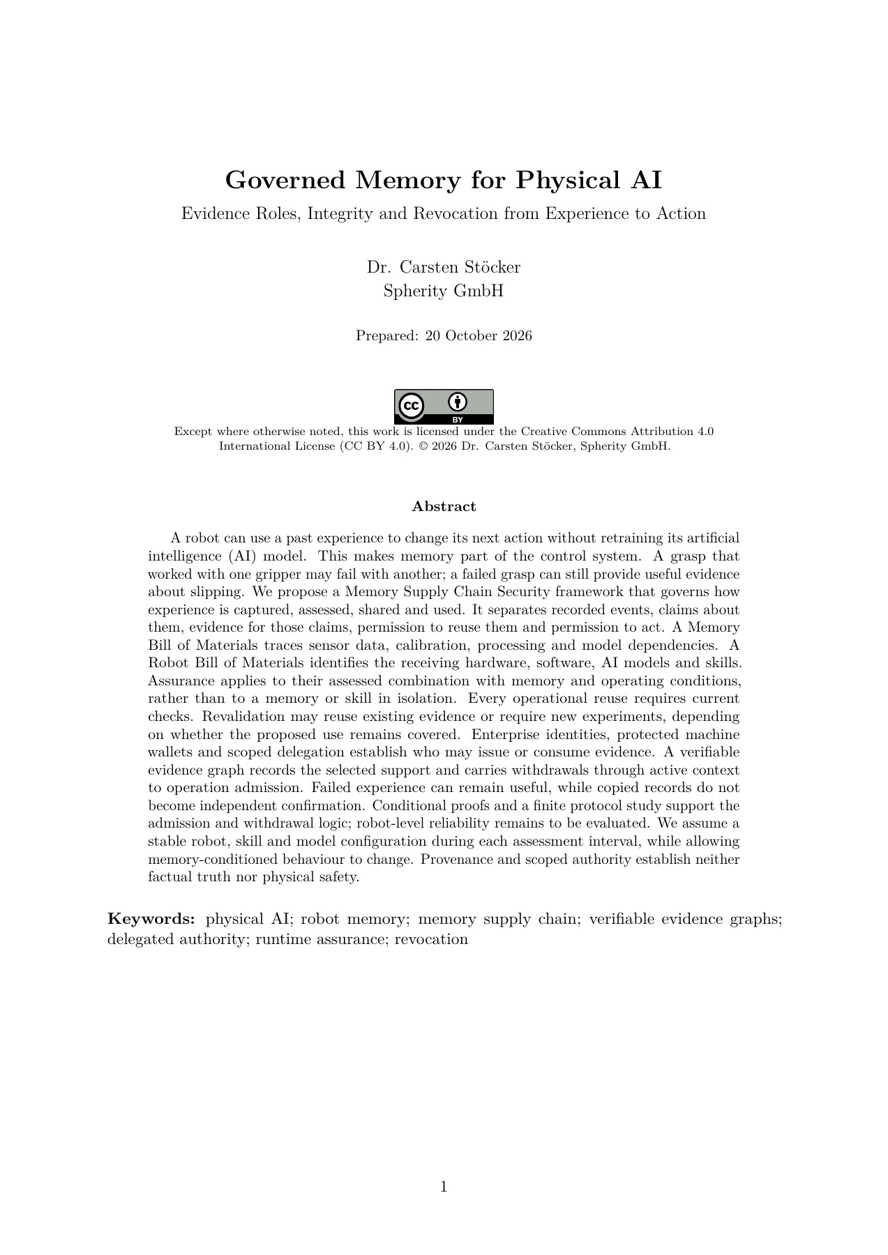 Title page and abstract of Governed Memory for Physical AI, an open-access Spherity Research paper.