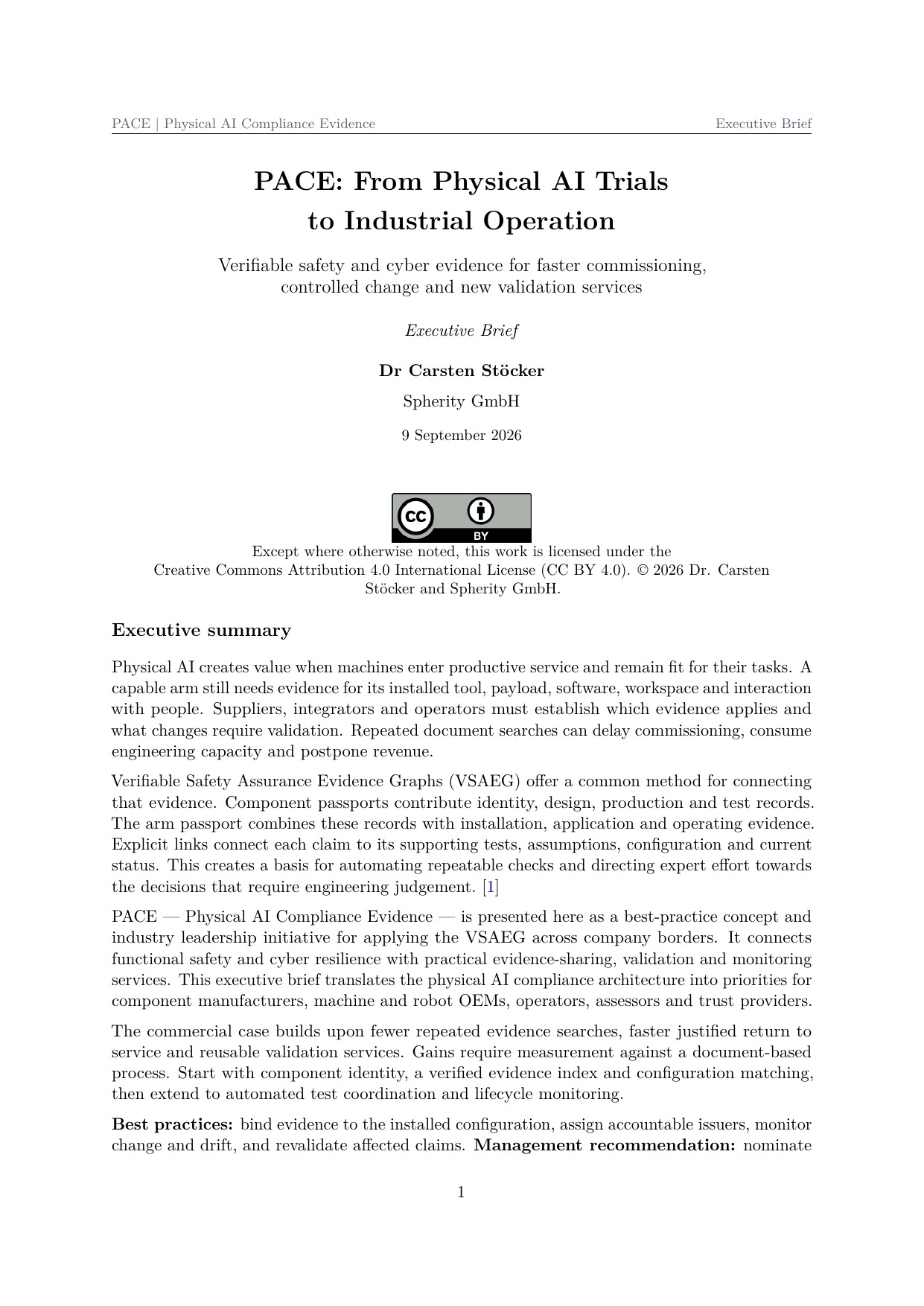First page of the PACE executive brief From Physical AI Trials to Industrial Operation by Dr. Carsten Stöcker.
