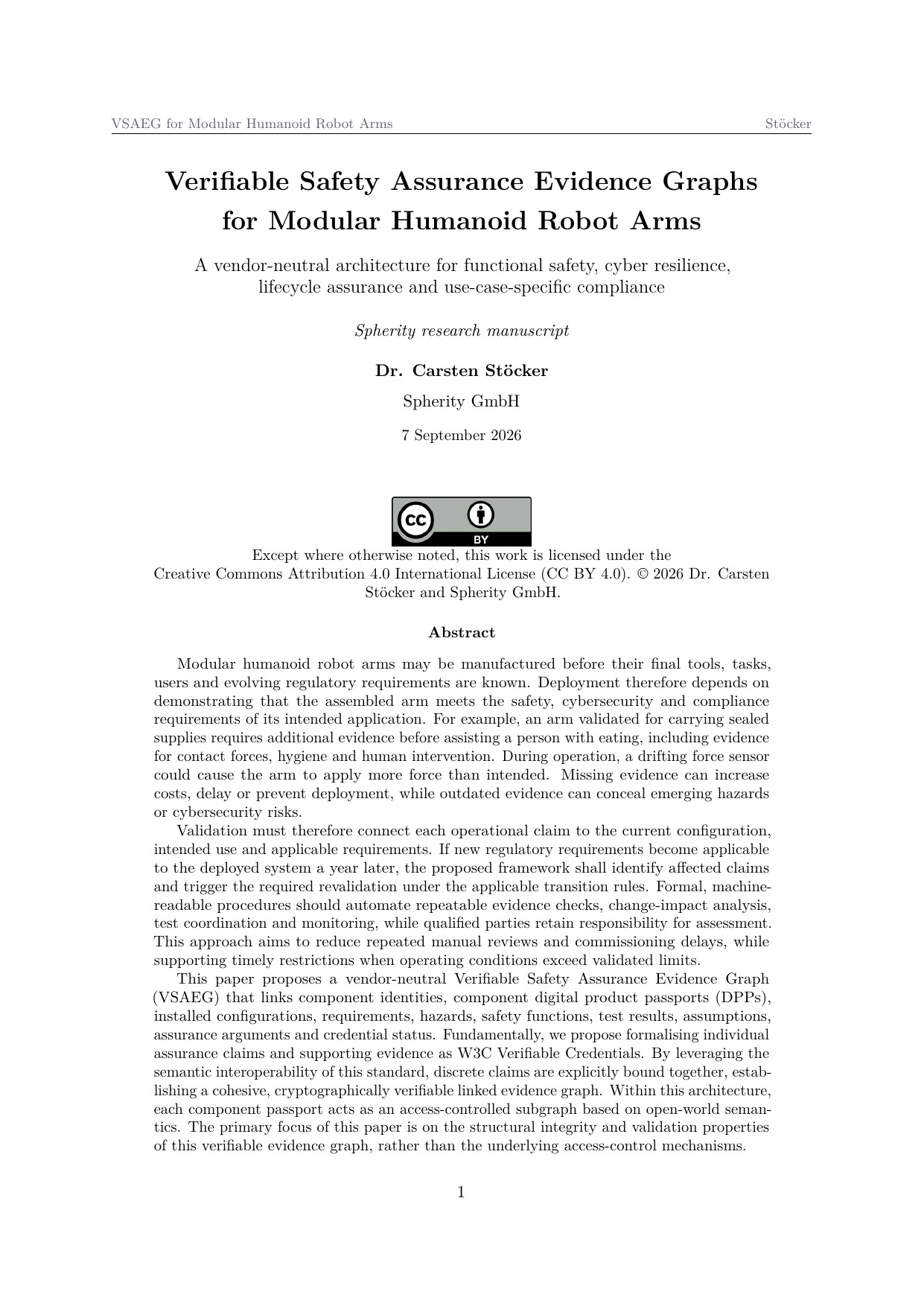 First page of the full research paper Verifiable Safety Assurance Evidence Graphs for Modular Humanoid Robot Arms by Dr. Carsten Stöcker.