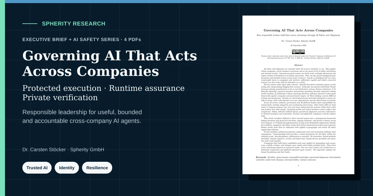 Governing AI That Acts Across Companies research preview using the Spherity AI Safety executive brief cover.