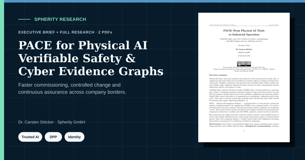 PACE for Physical AI research preview with the executive brief cover and messaging on verifiable safety and cyber evidence graphs.