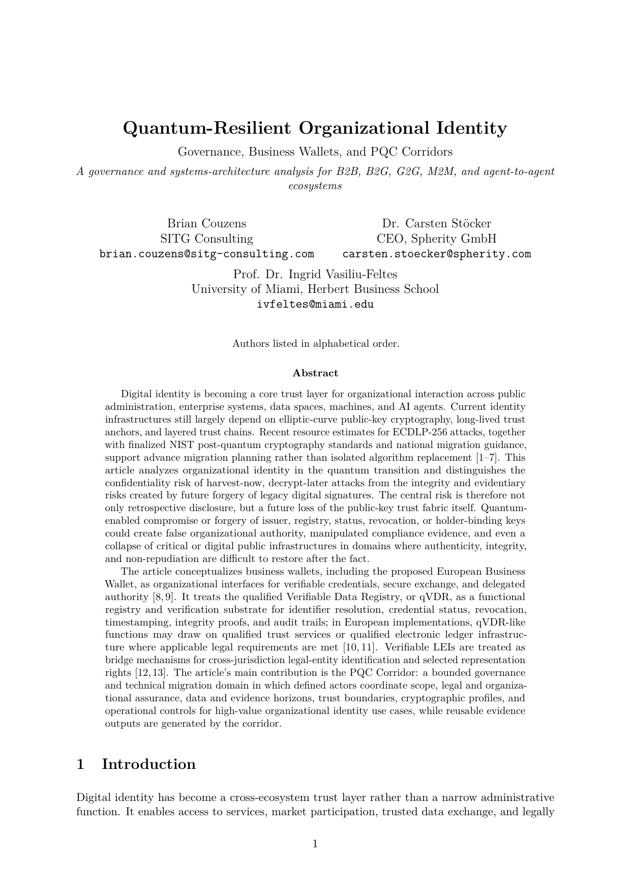 First page of Quantum-Resilient Organizational Identity.
